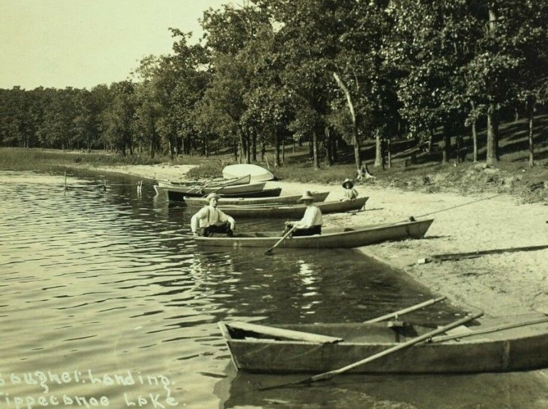 1908 RPPC Men Boats Baughel Landing, Tippecanoe Lake, IN Real Photo Postcard P37