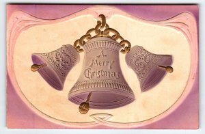 A Merry Christmas Postcard Airbrushed Deep Embossed 3 Bells 1909 Vintage