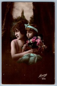 c1910's Mother And Child Mesange Flowers RPPC Photo Posted Antique Postcard