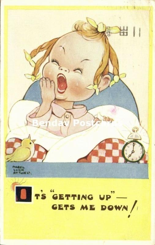 Artist Signed Mabel Lucie Attwell No. 1659, It's Getting Up Gets me Down! (1951)