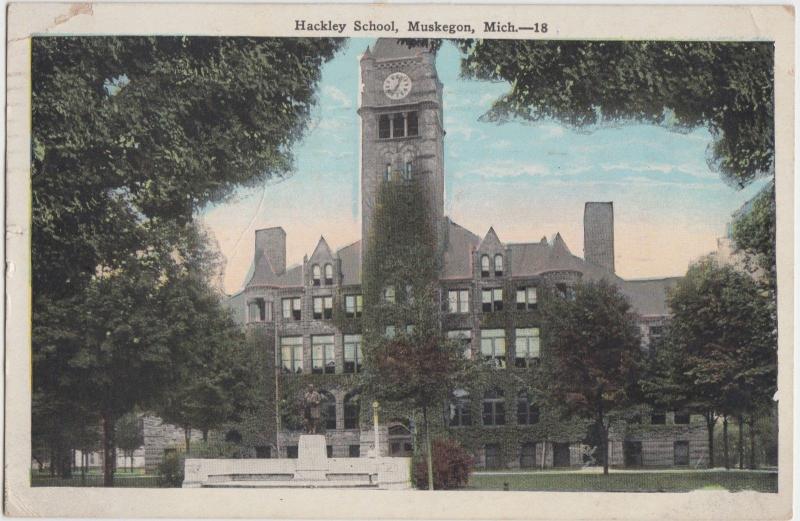 Michigan MI Postcard 1929 MUSKEGON Hackley School Building