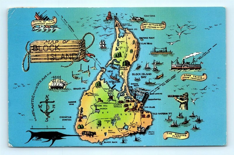 Postcard RI Block Island Map of Block Island I15