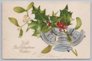 Holiday~Christmas~Silver Bells with Holly & Mistletoe~Vintage Postcard