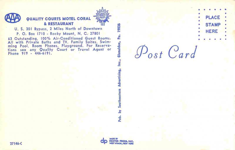 Motel Coral & Restaurant US 301 Rocky Mount North Carolina postcard