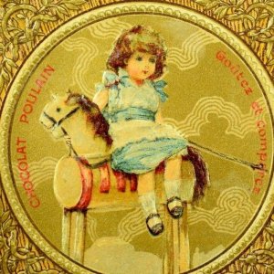 1870's-80's Lovely Girl On Wooden Hobby Horse Laundry Chocolat Poulain Card F93