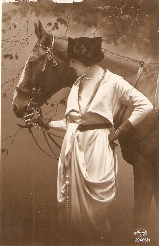 Pretty lady with her horse Nice vintage German postcard