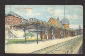 WAUKEGAN ILLINOIS NORTHWESTERN RAILROAD DEPOT TRAIN STATION VINTAGE POSTCARD