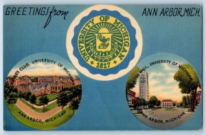 Ann Arbor Michigan MI Postcard Greetings University School Logo Multiview c1940