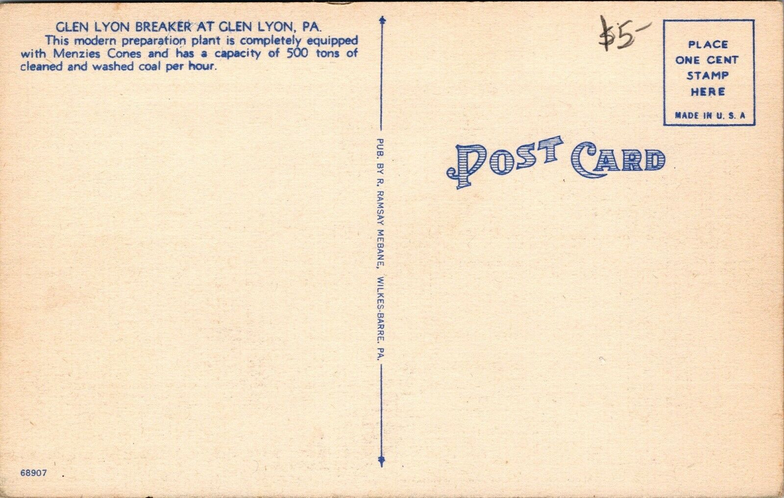 Vtg Coal Mining Glen Lyon Breaker Glen Lyon Pennsylvania PA 1940s Linen