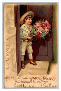 Vintage 1907 Birthday Postcard Cute Child Brings Flowers to his Girlfriend