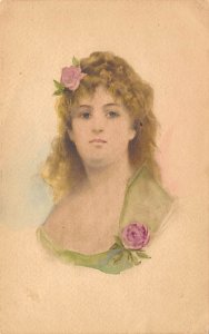 Woman wearing a purple flower in her hair Glamour Woman Writing on Back 