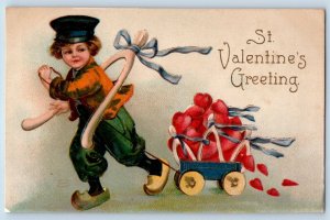 Valentine Postcard Greeting Dutch Boy Pulling Little Wagon Hearts Clapsaddle