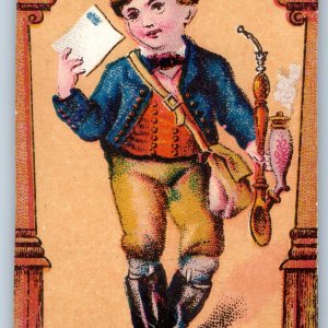c1880s Bailey's Music Rooms Burlington VT Victorian Trade Card German Boy Pipe