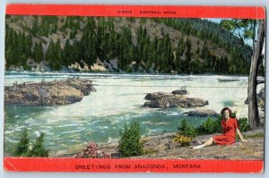 Anaconda Montana Postcard Greetings Kootenai River Woman Sitting c1940 Unposted