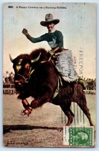1915 A Happy Cowboy On A Bucking Buffalo Freeport Illinois IL Antique Postcard