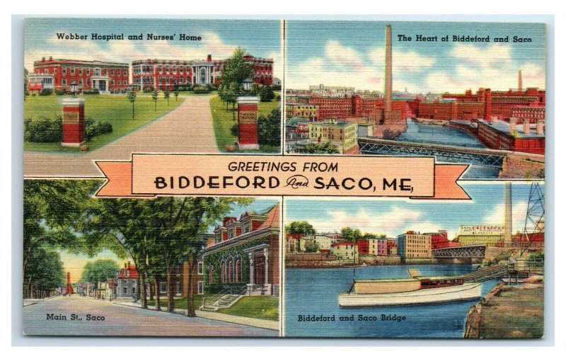 Postcard Greetings from Biddeford and Saco, Maine linen mills main street Y65