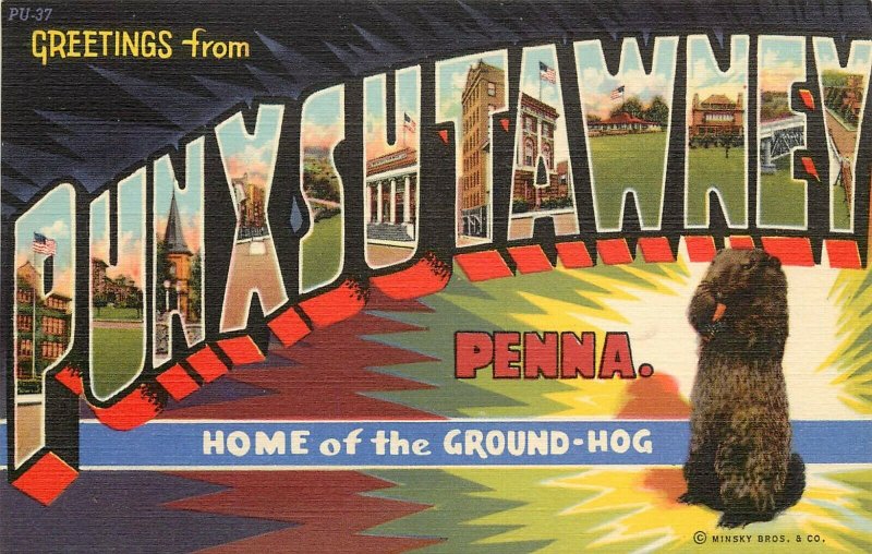 Linen Postcard; Large Letters Punxsutawney PA Home of Ground-Hog Phil, Excellent