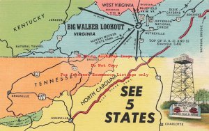 Curt Teich Linen Map Postcard, Big Walker Lookout Virginia
