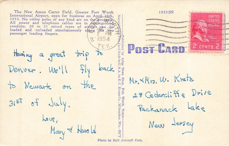1953 Amon Carter Field Ft. Worth International Airport Vintage Postcard