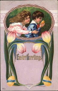 Easter Girl and Boy Kids Easter Egg Hunt Tulip Border Vintage Postcard