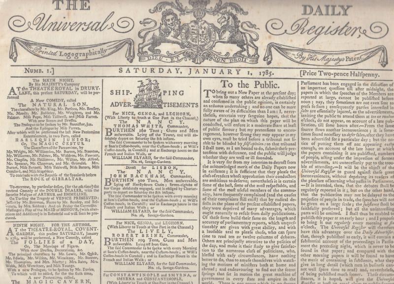 The Times Issue One 1785 Medieval Antique Fascimile London Newspaper