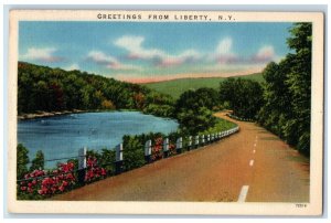 1960 Greetings From Liberty New York NY Banner Road Street River Lake Postcard