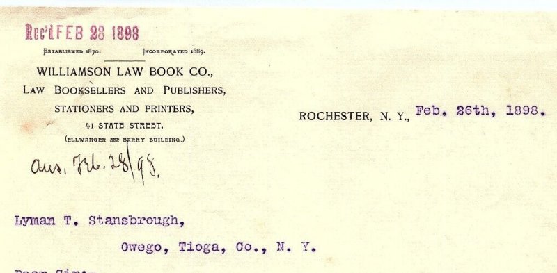 1898 ROCHESTER NEW YORK WILLIAMSON LAW BOOK CO LETTER BILLHEAD INVOICE Z4048