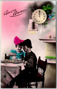 Buon Anno Cute Little Couple Having Meal Together Sweet Romance Postcard