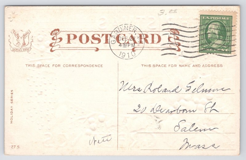 Holiday~Christmas~Home in Winter~Bird on Holly Branch~c1910 Postcard