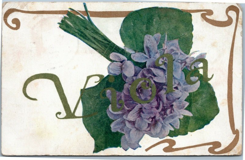 postcard Greetings - name Viola - in gold with bouquet of violets 1910