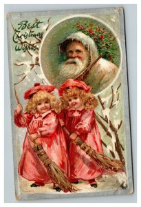 Vintage 1909 Tuck's Christmas Postcard Santa in White Cute Children Pink Dresses