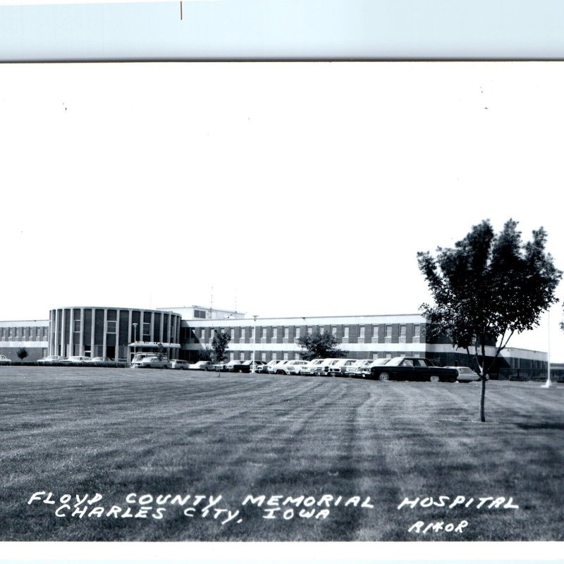 c1950s Charles City, IA RPPC Floyd County Memorial Hospital Ford Chevy Cars A110
