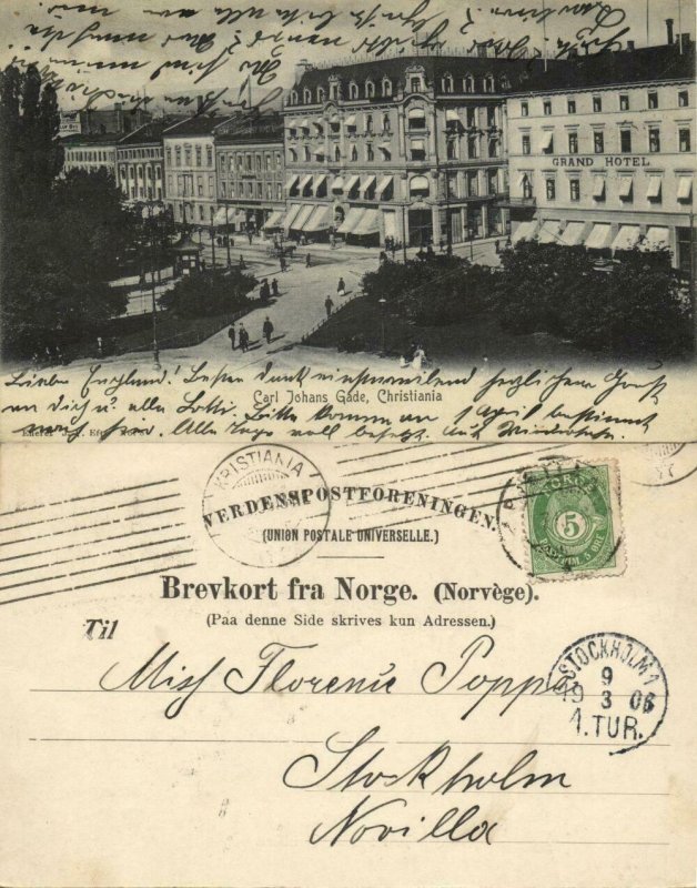 norway norge, CHRISTIANIA, Carl Johans Gade, Grand Hotel (1906) Postcard