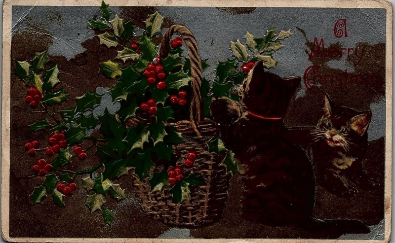 1909 MERRY CHRISTMAS KITTENS HOLLY BASKET LANSDALE PA EMBOSSED POSTCARD 26-78 