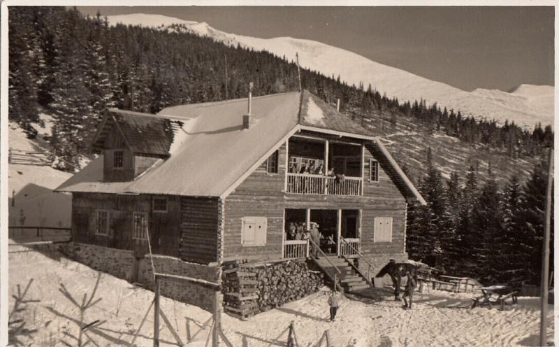 Photo postcard dated 1936 cottage rest house winter seasonal landscape