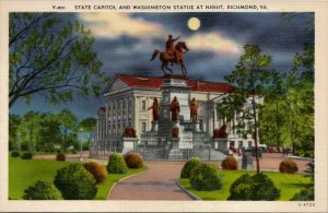 Richmond Virginia Washington Statue by Night State at Capitol Linen Postcard U11