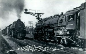 1947 AT & SF Trains Meeting Locomotive Arlington Corona RPPC Photo Postcard 