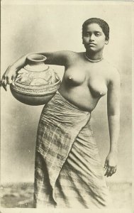 ceylon, Native Nude Rodiya Woman, Water Chatty Pottery (1920s) RPPC Postcard