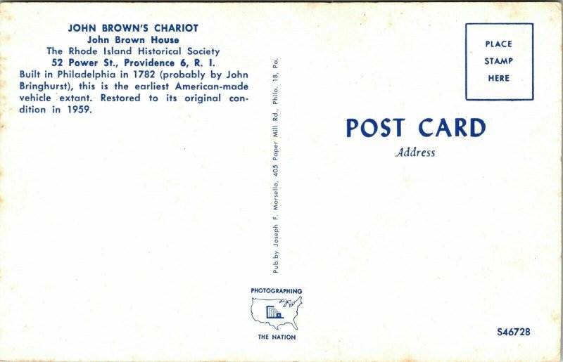 John Browns Chariot Rhode Island RI VTG Postcard UNP Unused Vintage 