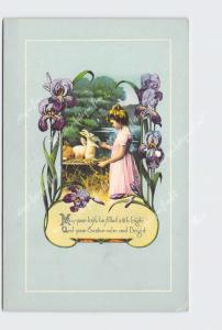 PPC POSTCARD EASTER CALM AND BRIGHT GIRL FEEDING BUNNY RABBIT IRIS BORDER