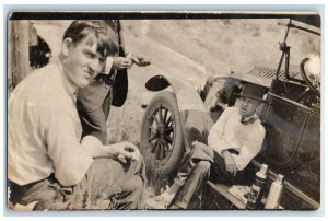 c1910's Mens Picnic Automobile Candid Canteen RPPC Photo Antique Postcard