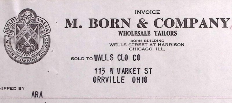 1938 M. BORN & COMPANY WHOLESALE TAILORS CHICAGO ORRVILLE BILLHEAD INVOICE Z274