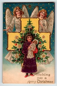 Christmas Postcard Embossed Lovely Angels Gold Cross Stars Vintage Religious