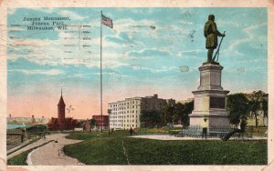 Vintage Postcard 1923 Juneau Monument Juneau Park Statue Milwaukee Wisconsin WI