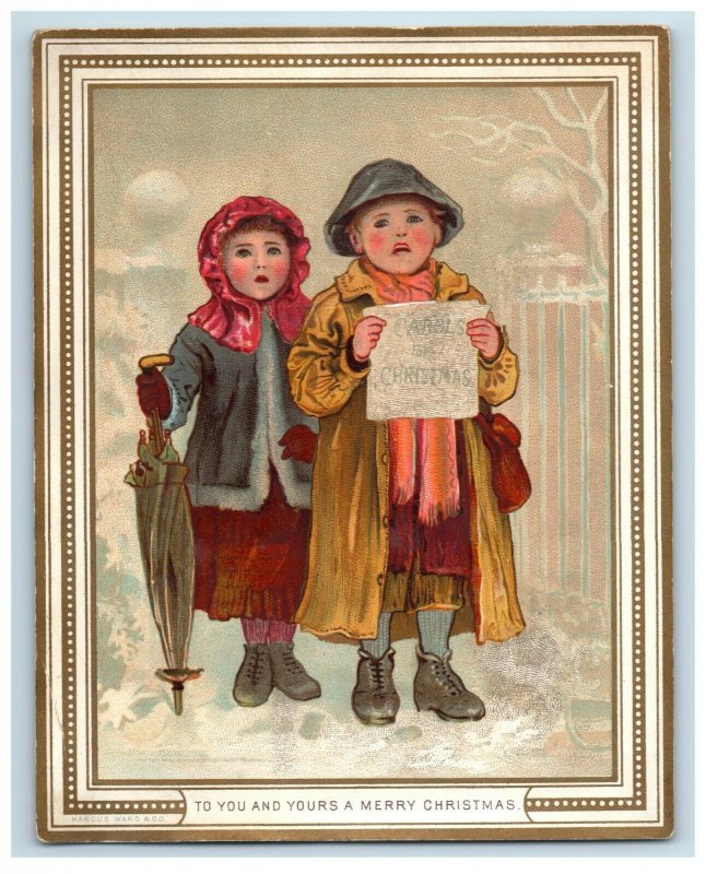 1870s-80s Victorian Christmas Card Marcus Ward & Co. Children Carolers &L