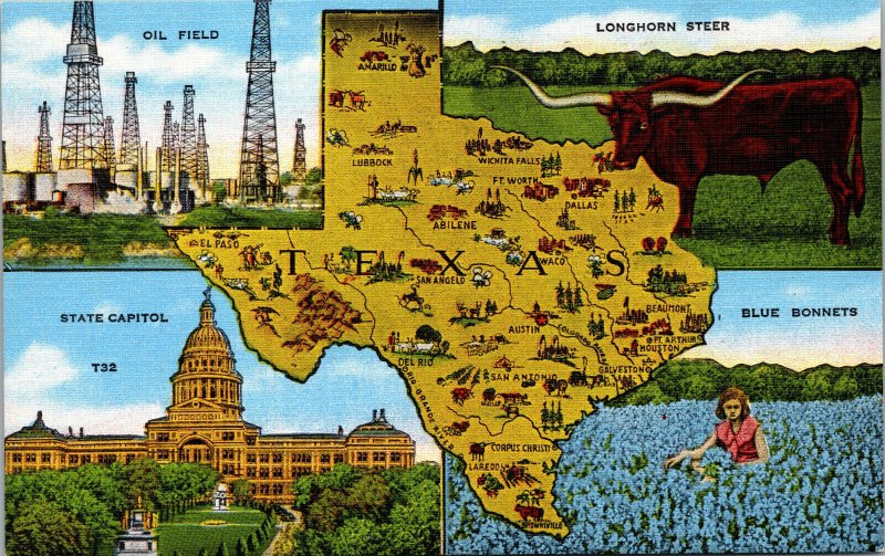 Vtg 1930s Texas State Map Cities Attractions Oil Field Blue Bonnets Postcard