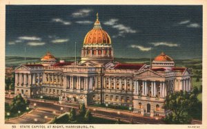 Vintage Postcard State Capitol Night Historical Building Harrisburg Pennsylvania