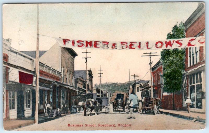 ROSEBURG, Oregon  OR   Handcolored  BUSINESS STREET Scene  1907 Postcard