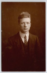 RPPC Handsome Joe Young Gentleman In Polka Dot Tie Studio Portrait Postcard B39