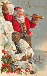 A Joyful Christmas Red Robed Santa Claus Telescope Embossed Postcard